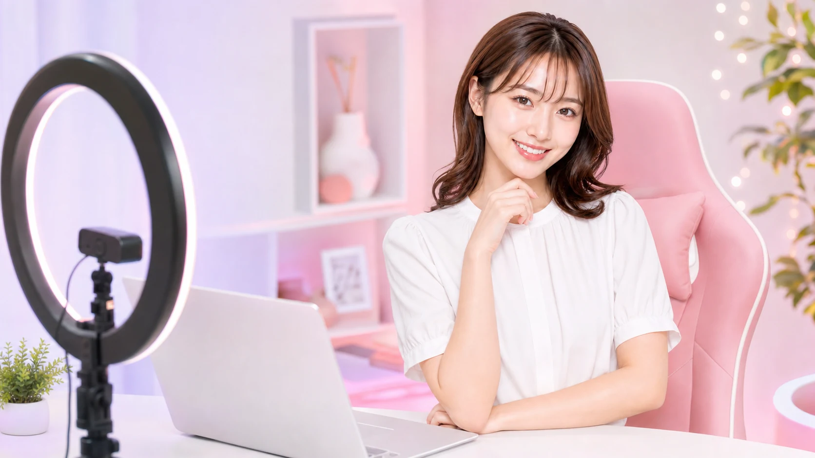 リングライトとAIカメラを備えた配信ルームで働く女性