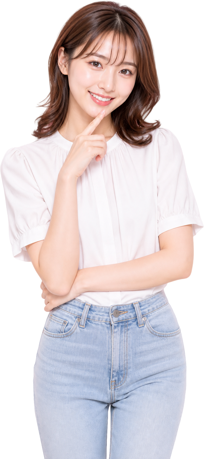 白いブラウスとデニム姿の明るいAI女性モデル